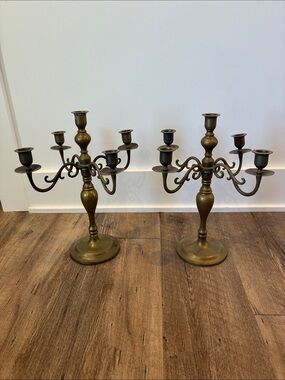 Set of 2 Vintage Brass-Finish Five-Arm Candelabra Pair - Classic Home Accents
